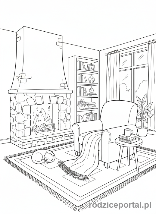 Kolorowanka Wieczorne Wyciszenie - Pokój z kominkiem