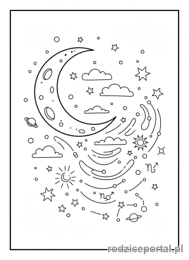 Kolorowanka Wieczorne Wyciszenie - Spokojny księżyc i gwiazdy