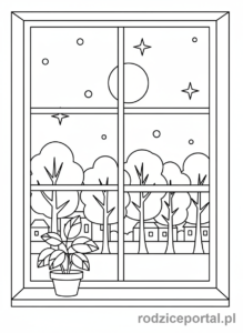 Kolorowanka Wieczorne Wyciszenie - Widok z okna nocą