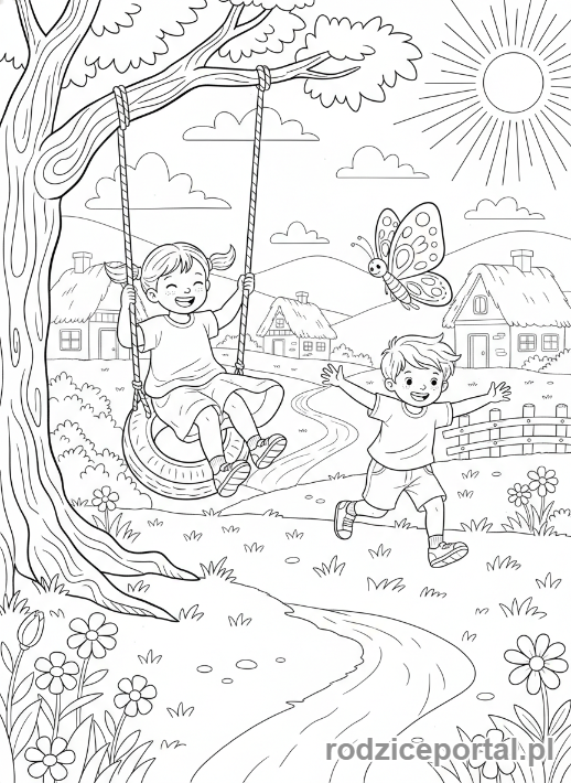 Kolorowanka Wieś - Dzieci na wsi