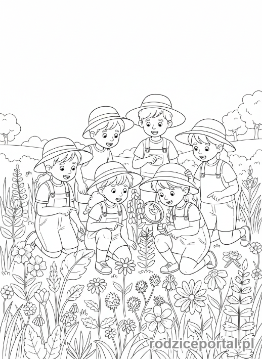 Kolorowanka Wieś Edukacyjna - Dzieci rozpoznające rośliny z lupą
