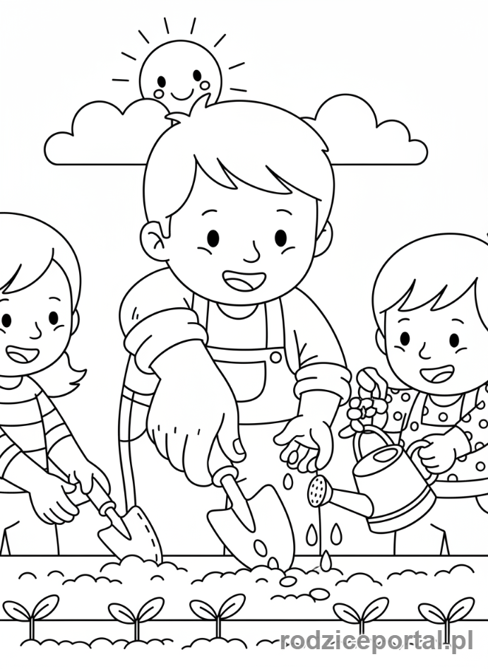 Kolorowanka Wieś Edukacyjna - Dzieci sadzące warzywa z farmerem