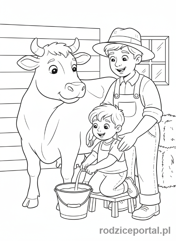 Kolorowanka Wieś Edukacyjna - Dziecko uczące się doić krowę