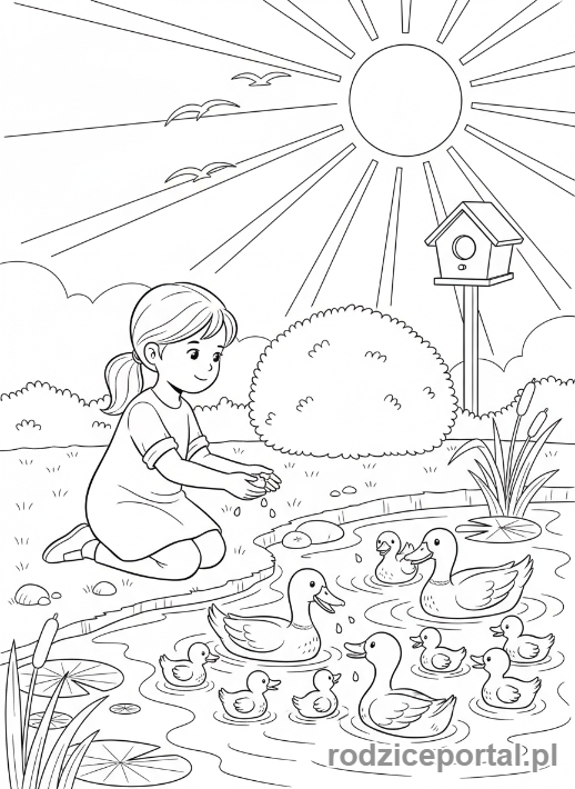 Kolorowanka Wieś Edukacyjna - Dziewczynka karmiąca kaczki przy stawie