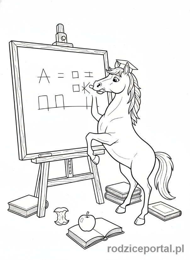 Kolorowanka Wieś Edukacyjna - Koń piszący litery na tablicy