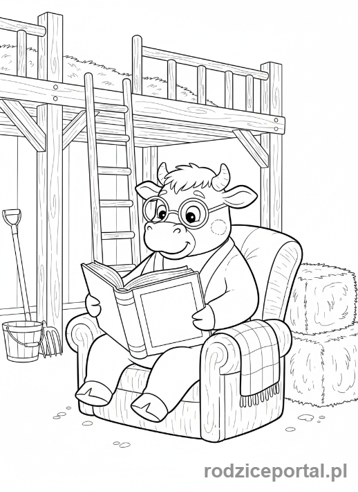 Kolorowanka Wieś Edukacyjna - Krowa czytająca książkę w stodole