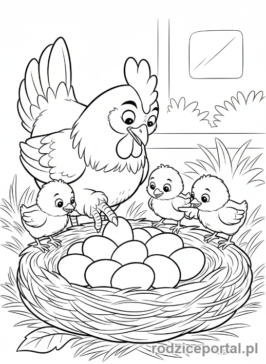 Kolorowanka Wieś Edukacyjna - Kurczaki liczące jajka w gnieździe