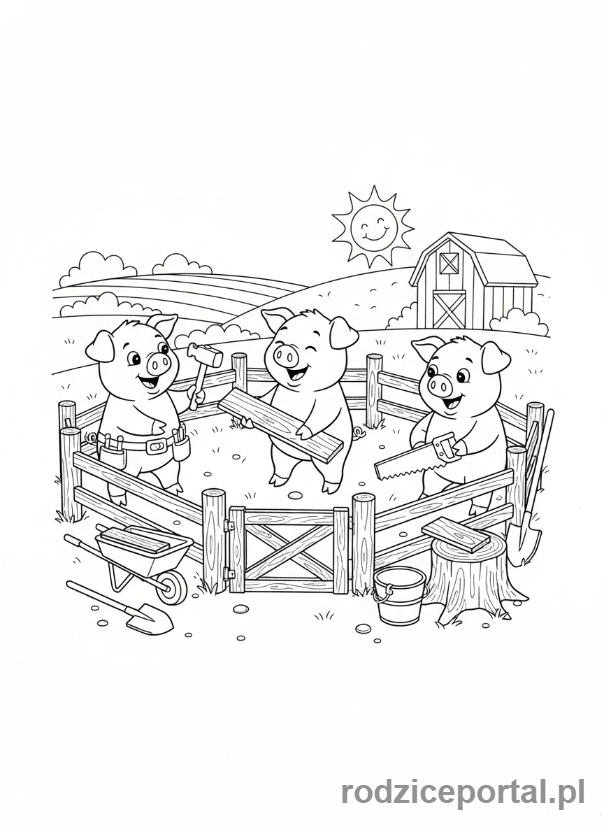 Kolorowanka Wieś Edukacyjna - Trzy świnie budujące drewniany płot