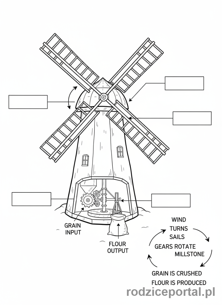 Kolorowanka Wieś Edukacyjna - Wiatrak z opisem działania