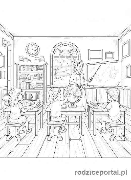 Kolorowanka Wieś Edukacyjna - Wiejska szkoła z dziećmi i globusem