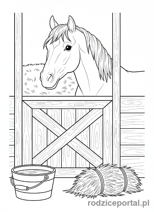 Kolorowanka Wieś - Koń w stajni