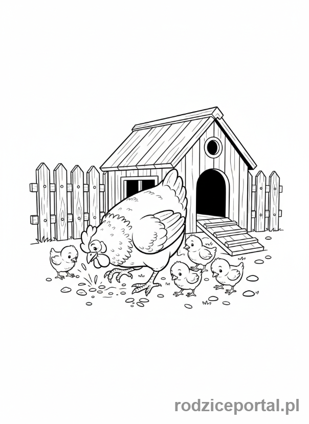 Kolorowanka Wieś - Kura z kurczętami