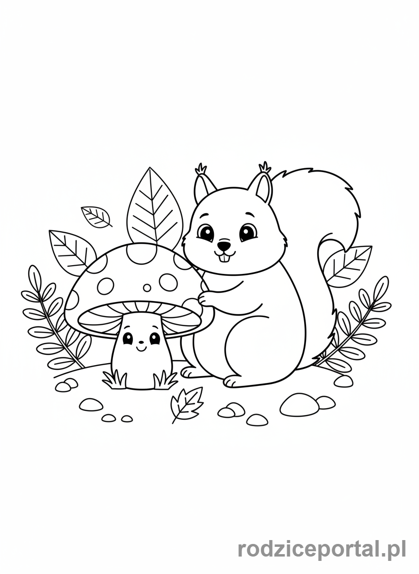 Kolorowanka Wiewiórka - Wiewiórka przy grzybie