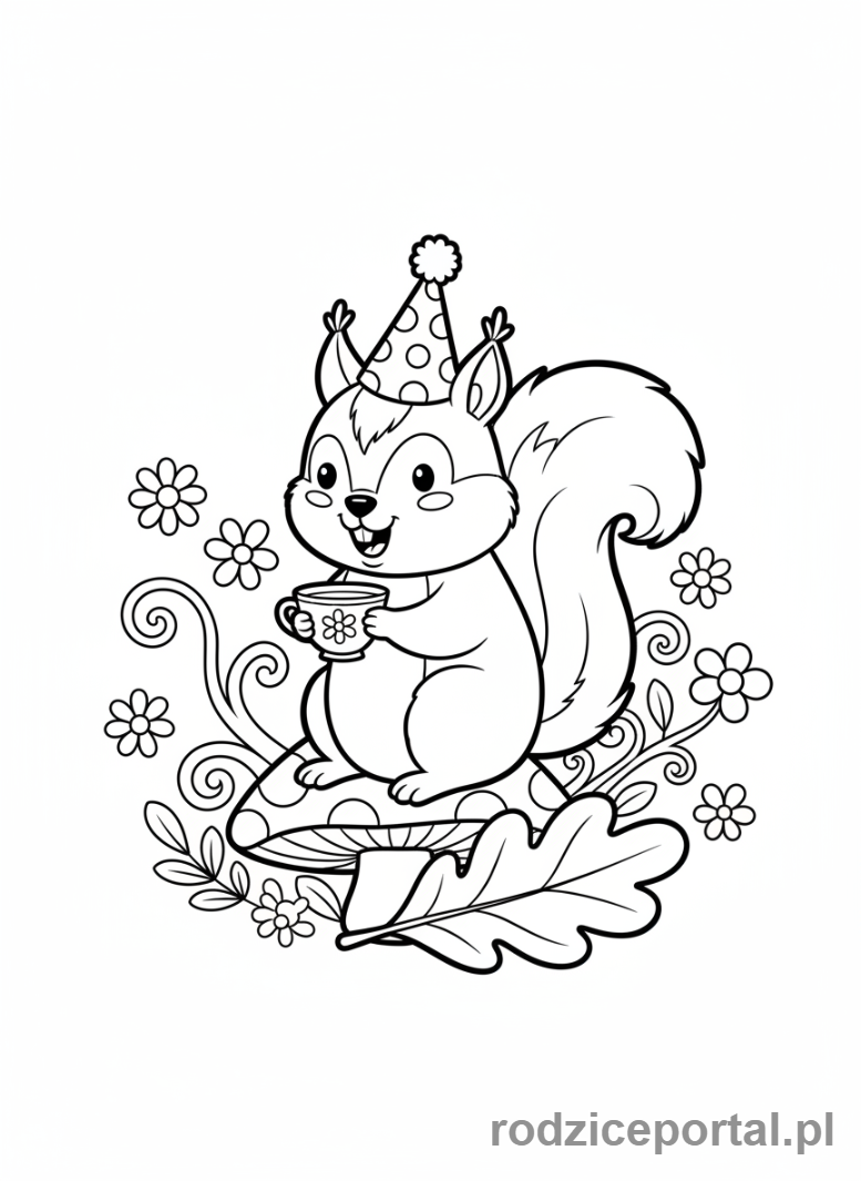 Kolorowanka Wiewiórka - Wiewiórka z filiżanką