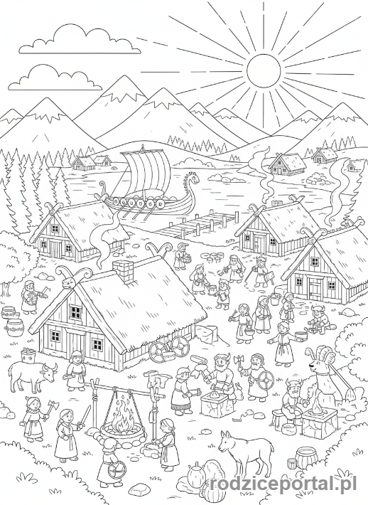 Kolorowanka Wikingowie - Wioska Wikingow