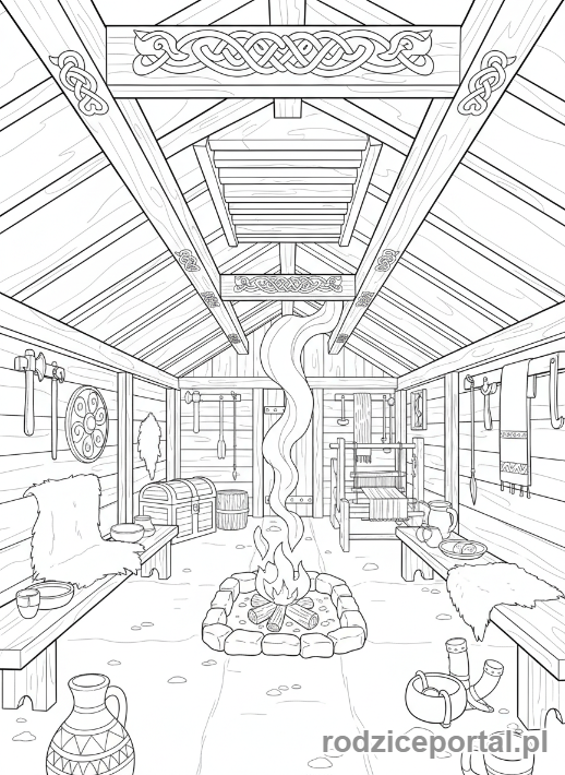 Kolorowanka Wikingowie - Wnetrze Dlugiego Domu