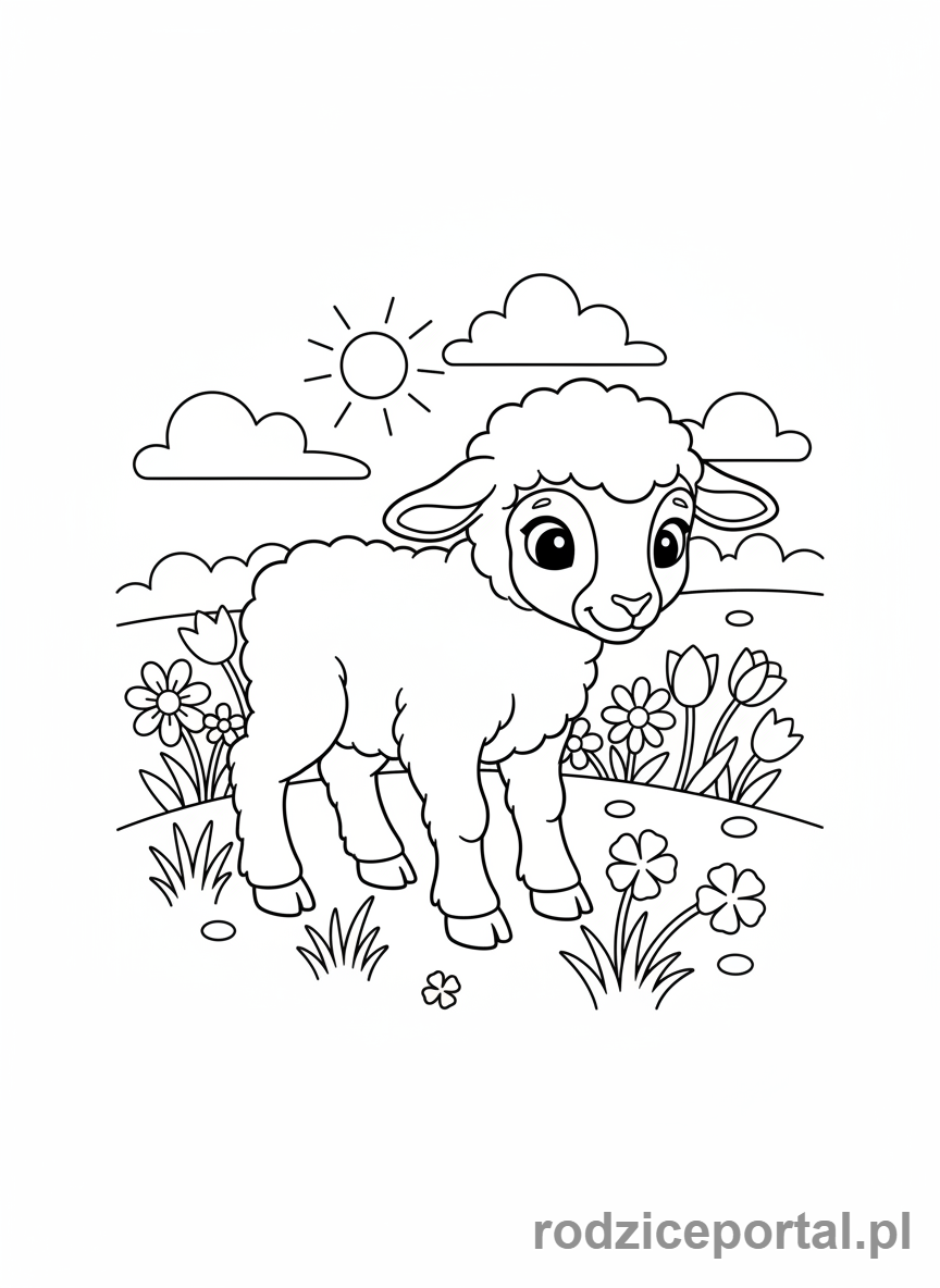Kolorowanka Wiosenne - Baranek na łące