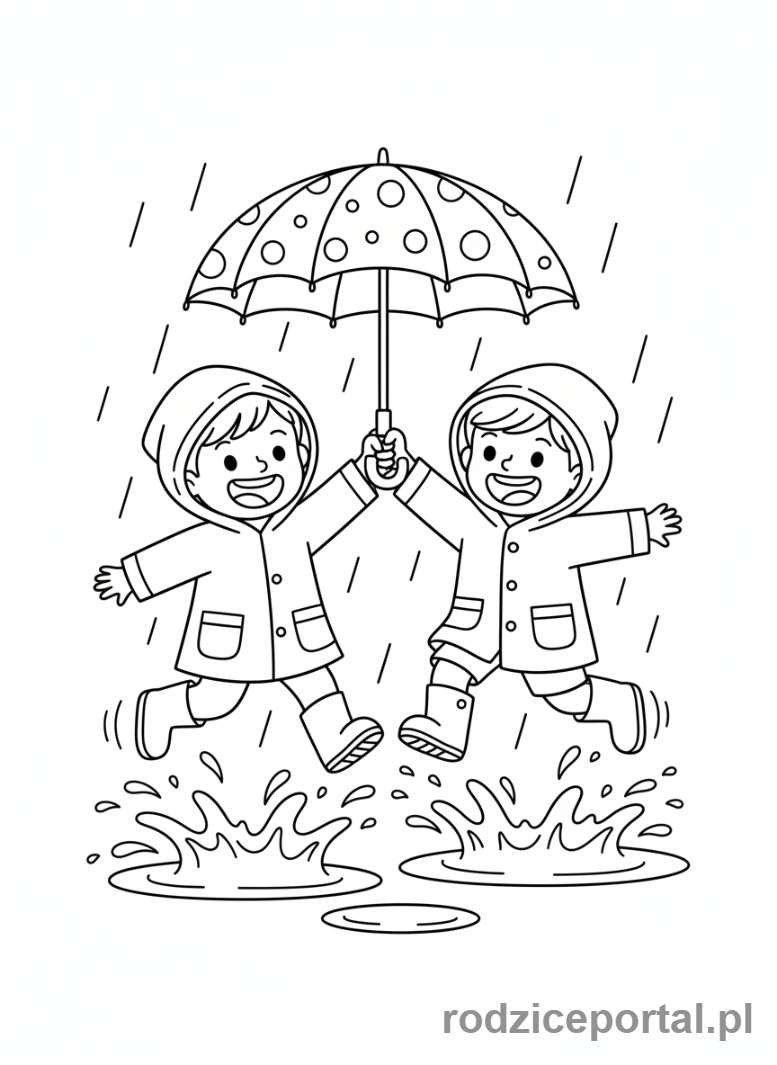 Kolorowanka Wiosenne - Dzieci bawiące się w deszczu