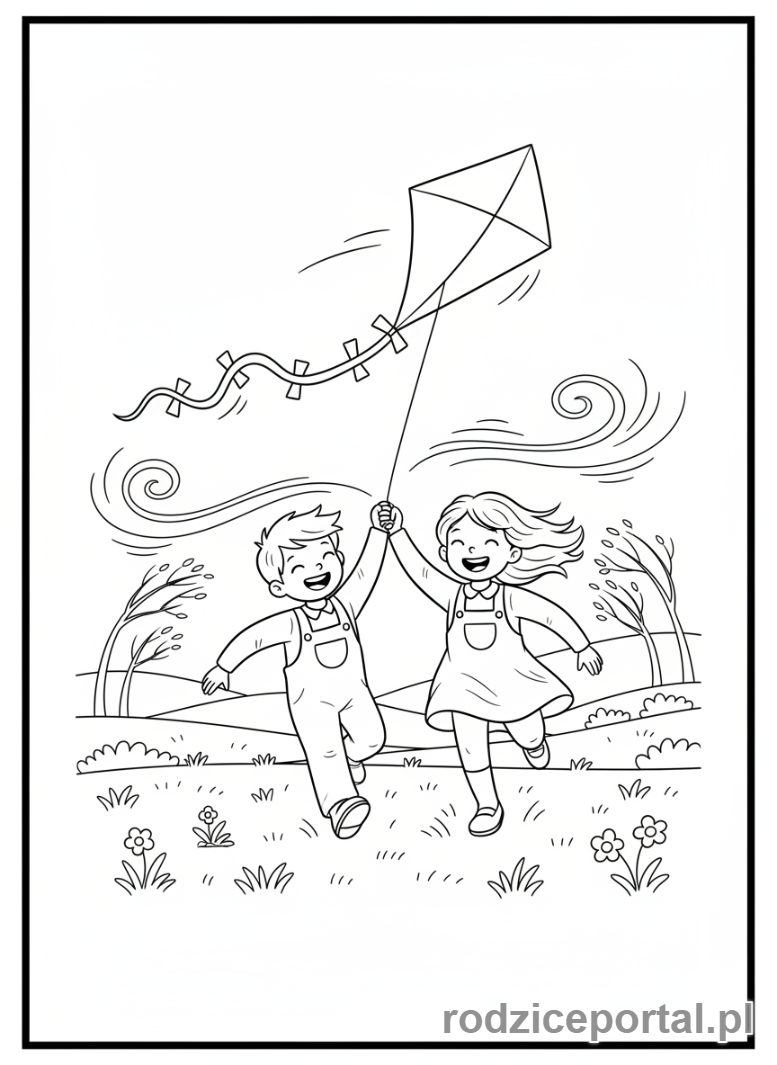 Kolorowanka Wiosenne - Dzieci puszczające latawiec