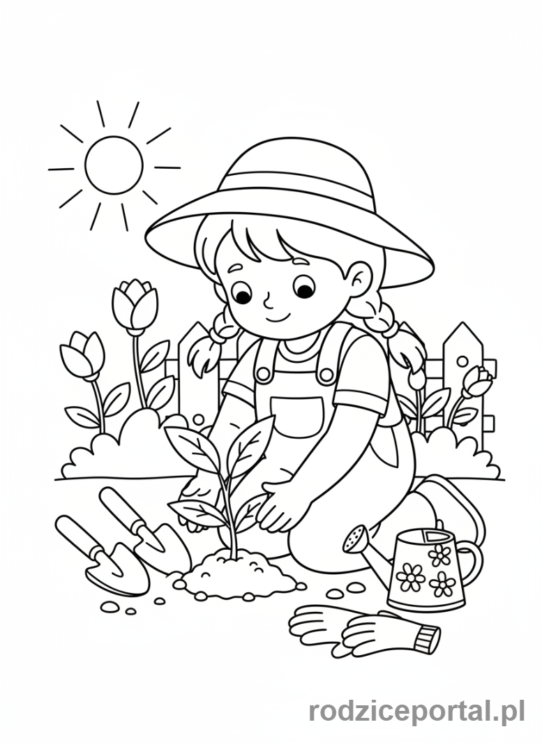 Kolorowanka Wiosenne - Dziewczynka sadząca drzewko