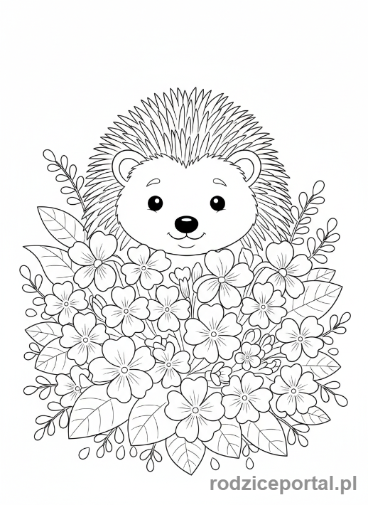 Kolorowanka Wiosenne - Jeż wśród leśnych kwiatów