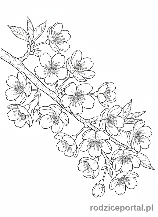 Kolorowanka Wiosenne - Kwitnąca gałąź wiśni