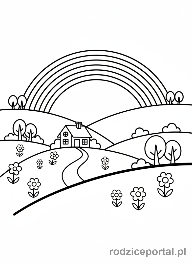 Kolorowanka Wiosenne - Tęcza nad krajobrazem