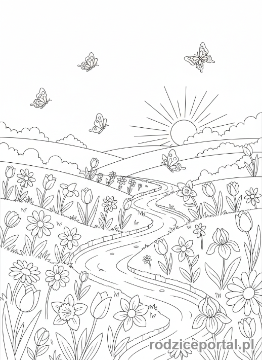 Kolorowanka Wiosna - Łąka z motylami