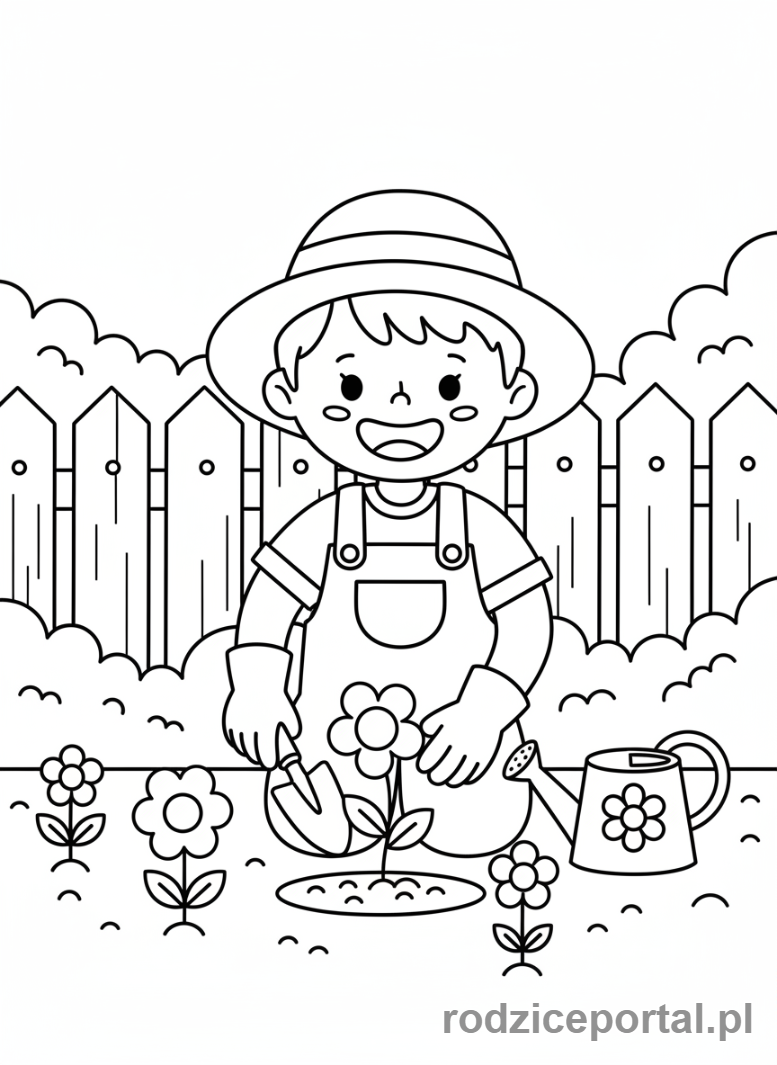 Kolorowanka Wiosna - Dziecko sadzi kwiaty