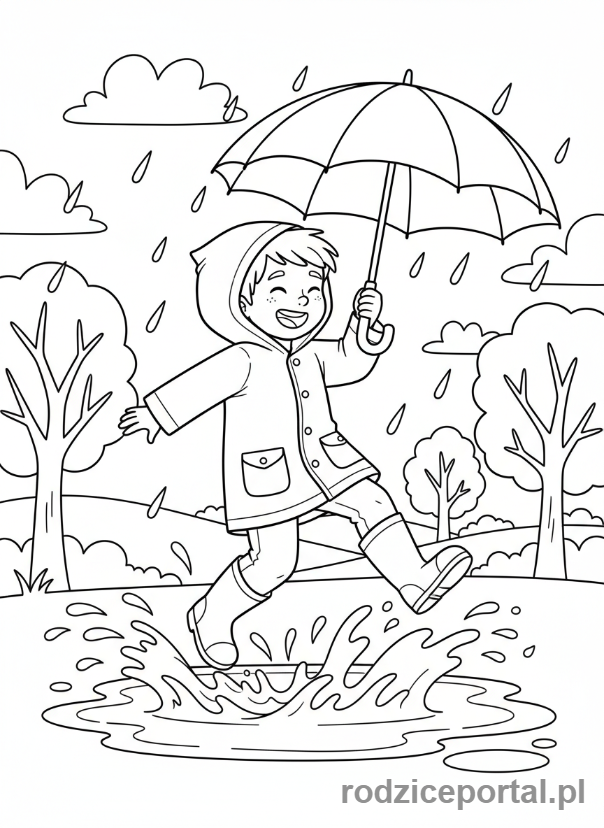 Kolorowanka Wiosna - Dziecko skacze w kałuży