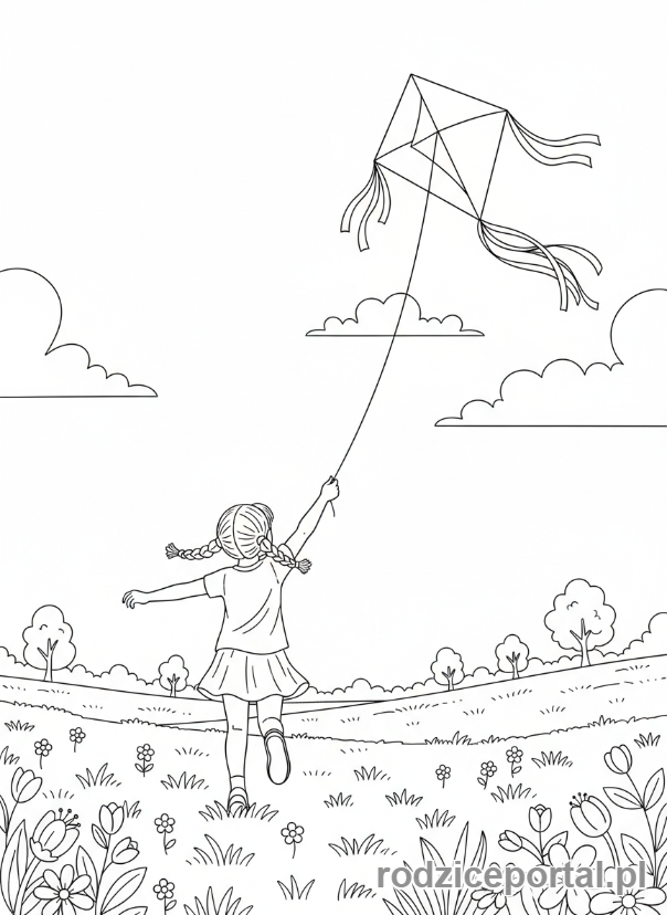 Kolorowanka Wiosna - Dziewczynka puszcza latawiec