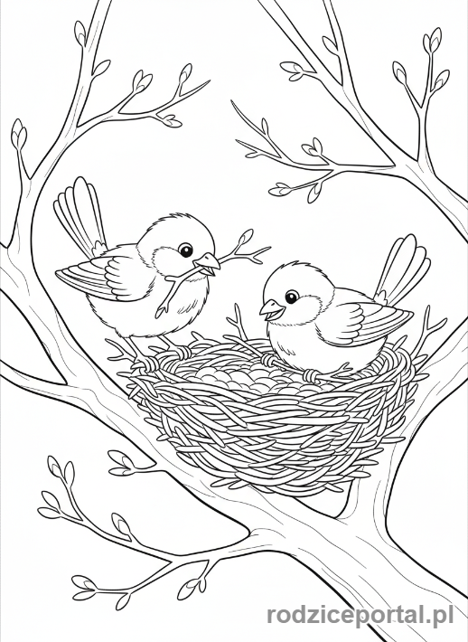 Kolorowanka Wiosna - Ptaki buduja gniazdo