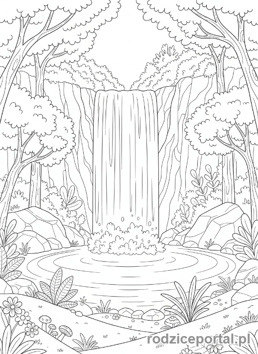 Kolorowanka Woda - Wodospad w lesie