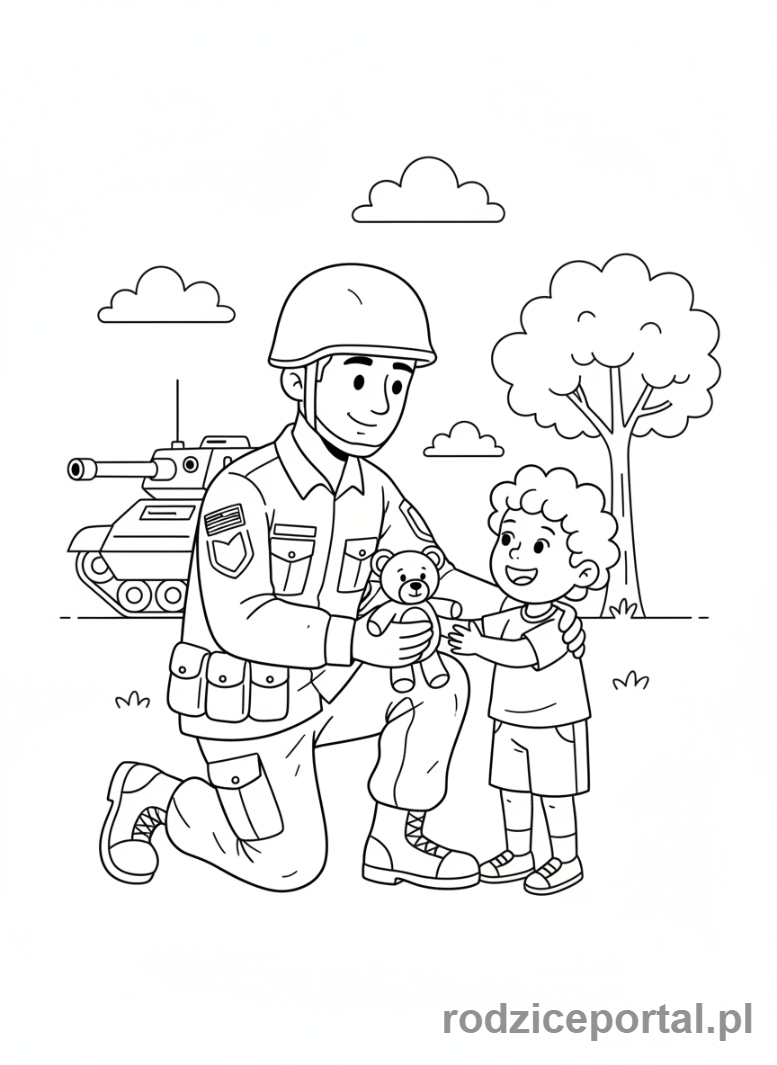 Kolorowanka Wojsko - Zolnierz pomaga dziecku