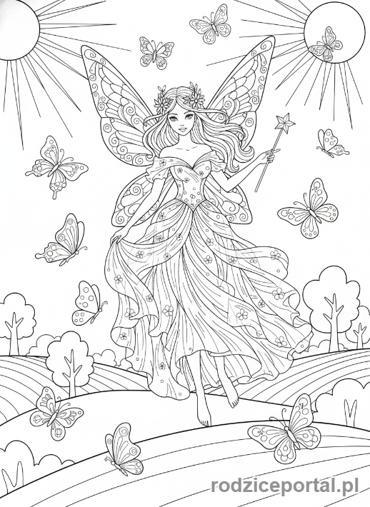 Kolorowanka Wróżka - Latająca wróżka z motylami