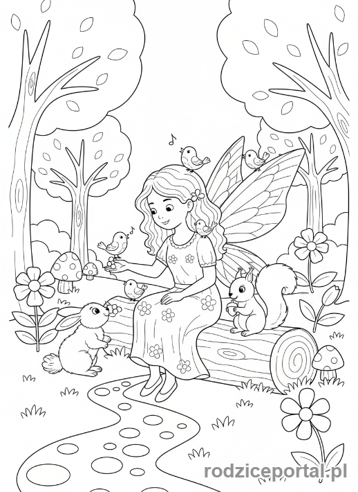 Kolorowanka Wróżka - Wróżka i leśne zwierzęta