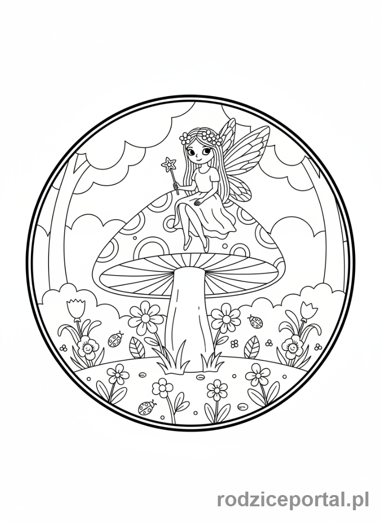 Kolorowanka Wróżka - Wróżka na grzybie