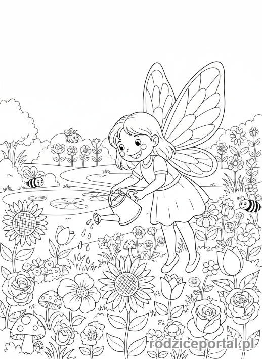 Kolorowanka Wróżka - Wróżka w ogrodzie kwiatowym