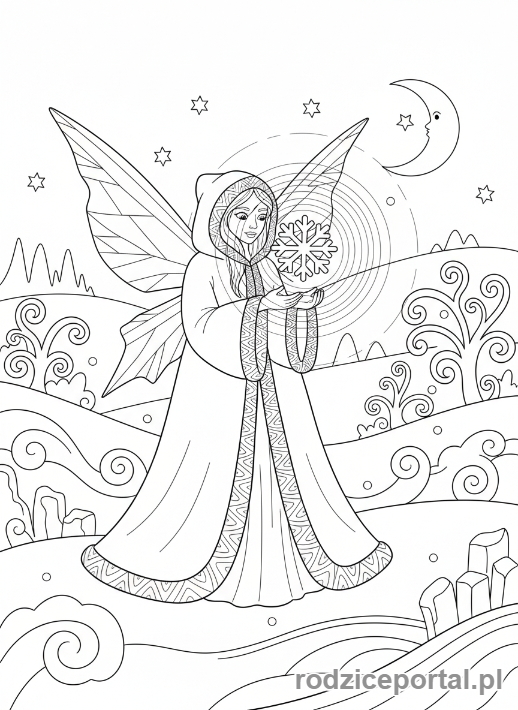 Kolorowanka Wróżka - Wróżka w zimowym krajobrazie