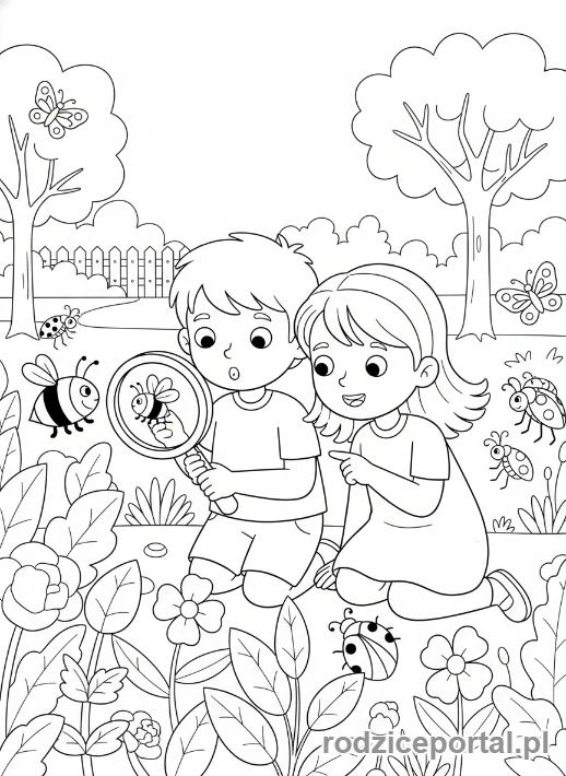 Kolorowanka Wsparcie Rozwoju - Dzieci badają owady lupą