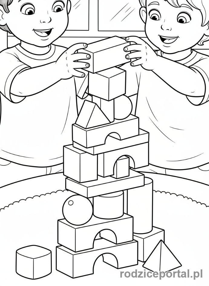 Kolorowanka Wsparcie Rozwoju - Dzieci budują wieżę z klocków
