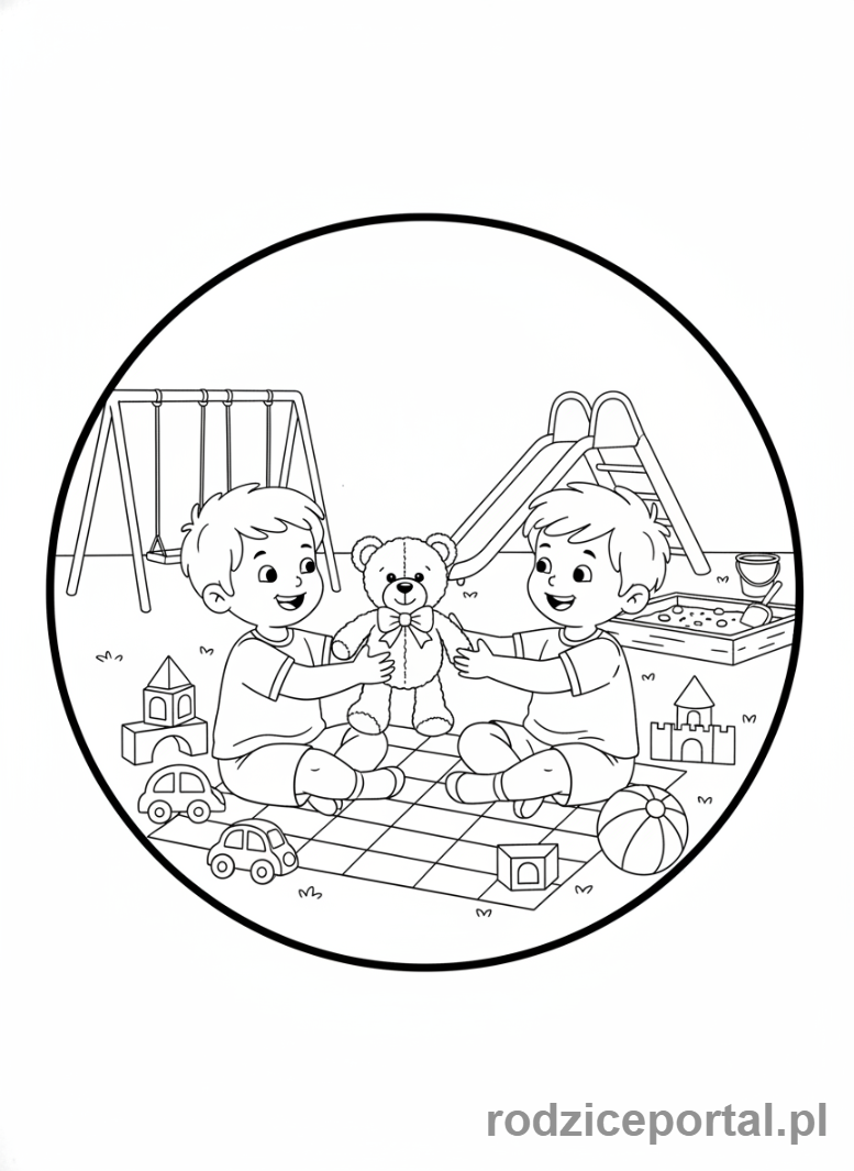 Kolorowanka Wsparcie Rozwoju - Dzieci dzielące się zabawkami