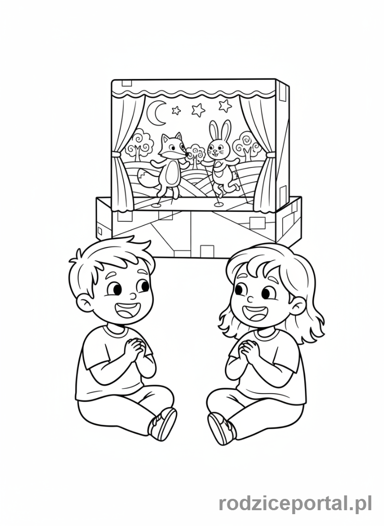Kolorowanka Wsparcie Rozwoju - Dzieci oglądają teatrzyk kukiełkowy