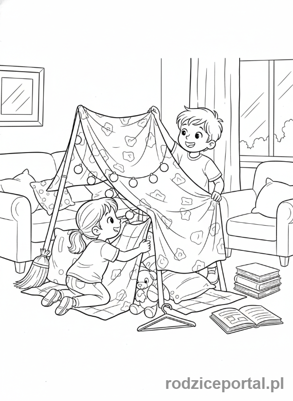 Kolorowanka Wspólne Zabawy - Budowanie bazy z koców