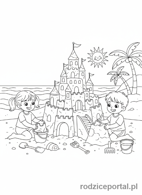 Kolorowanka Wspólne Zabawy - Budowanie zamku z piasku