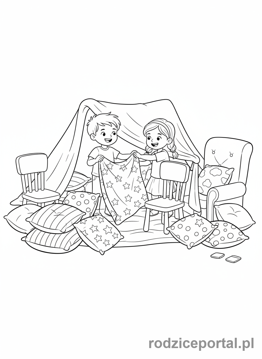 Kolorowanka Współpraca - Dzieci budują bazę.