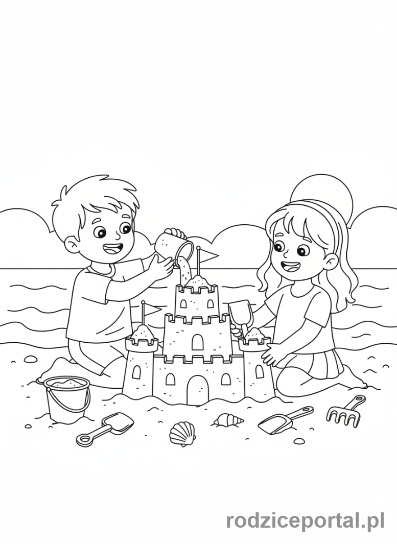 Kolorowanka Współpraca - Dzieci budują zamek z piasku.