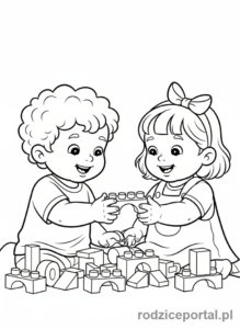 Kolorowanka Współpraca - Dzieci dzielą się zabawkami.