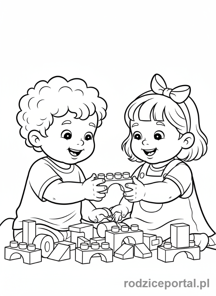 Kolorowanka Współpraca - Dzieci dzielą się zabawkami.