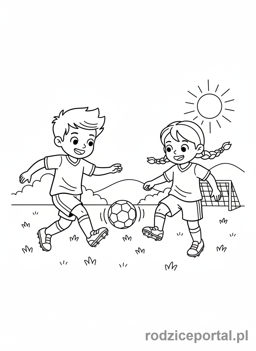 Kolorowanka Współpraca - Dzieci grają w piłkę.